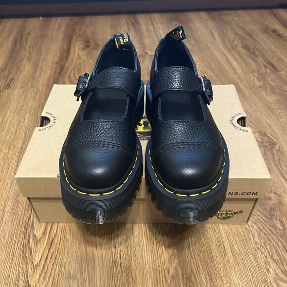 DR MARTENS ADDINA FLOWER BUCKLE black leather platform shoes women's 8 new - Picture 5 of 6